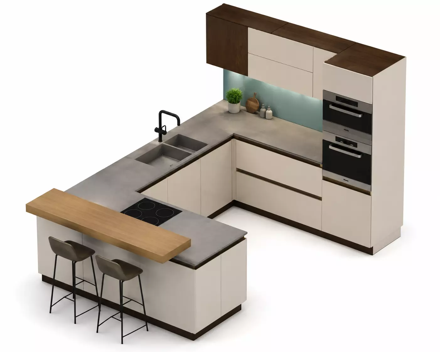 Modern L-Shaped Modular Kitchen with Breakfast Counter 3D print model