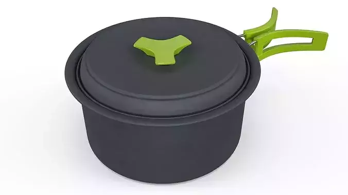 Lidded Camping Pot Foldable Handle Green 3D model 2