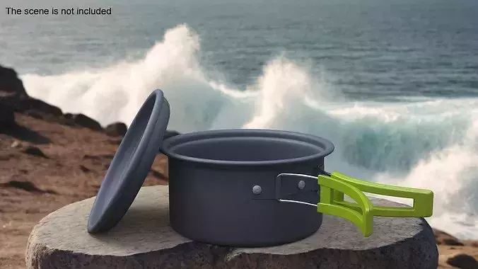 Lidded Camping Pot Foldable Handle Green 3D model 5