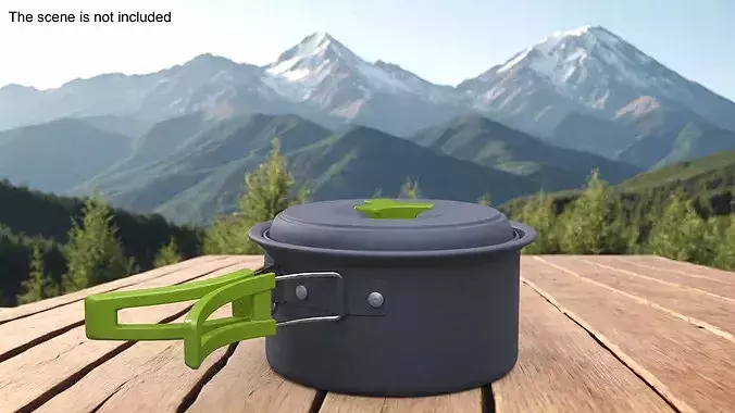 Lidded Camping Pot Foldable Handle Green 3D model 3