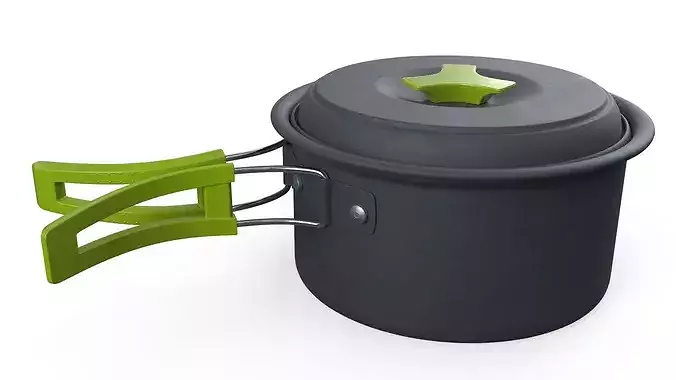 Lidded Camping Pot Foldable Handle Green 3D model