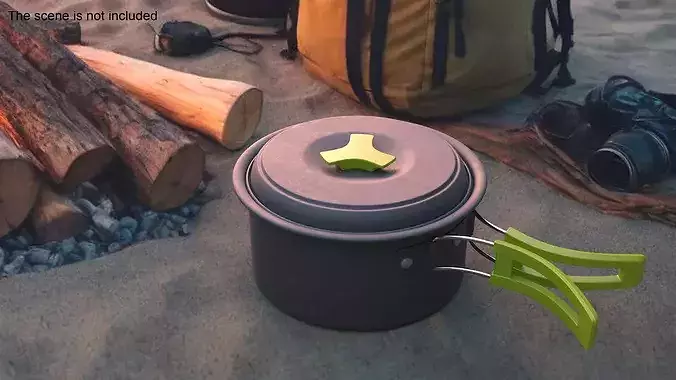 Lidded Camping Pot Foldable Handle Green 3D model 4