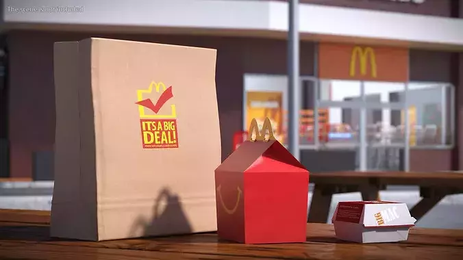 McDonalds Paper Food Bag with Big Mac Box and Happy Meal 3D model 3