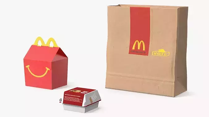 McDonalds Paper Food Bag with Big Mac Box and Happy Meal 3D model 4