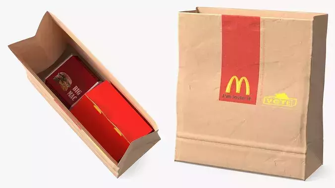 McDonalds Paper Food Bag with Big Mac Box and Happy Meal 3D model 5