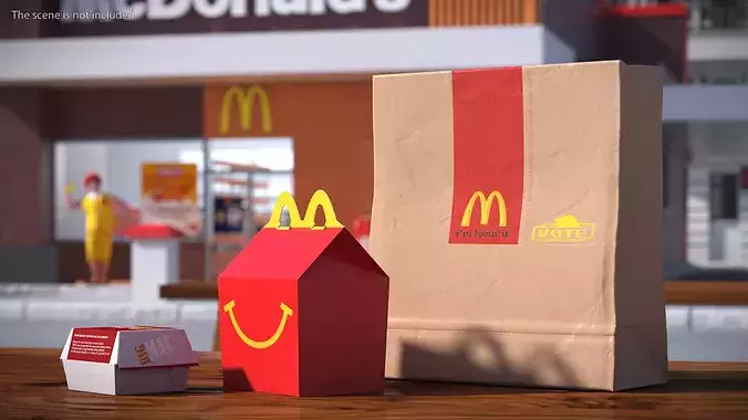 McDonalds Paper Food Bag with Big Mac Box and Happy Meal 3D model 2