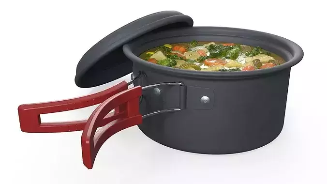 Travel Stew Pot with Red Handle Filled 3D model 6