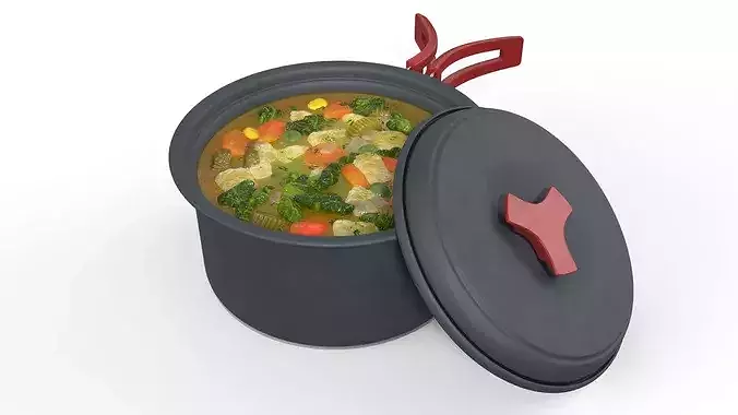 Travel Stew Pot with Red Handle Filled 3D model