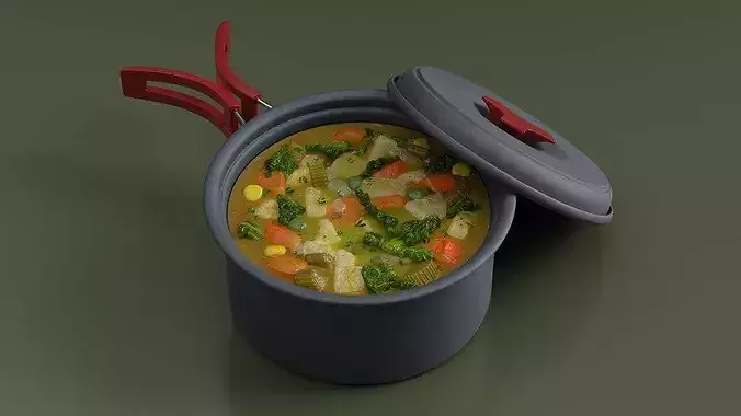 Travel Stew Pot with Red Handle Filled 3D model 5