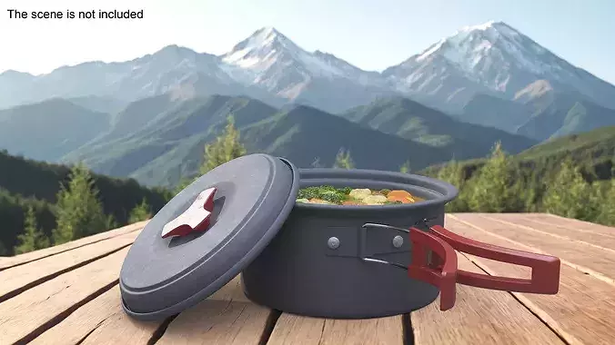 Travel Stew Pot with Red Handle Filled 3D model 3