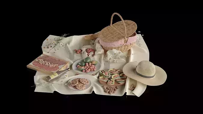 Picnic Food And Hat 3D model 5