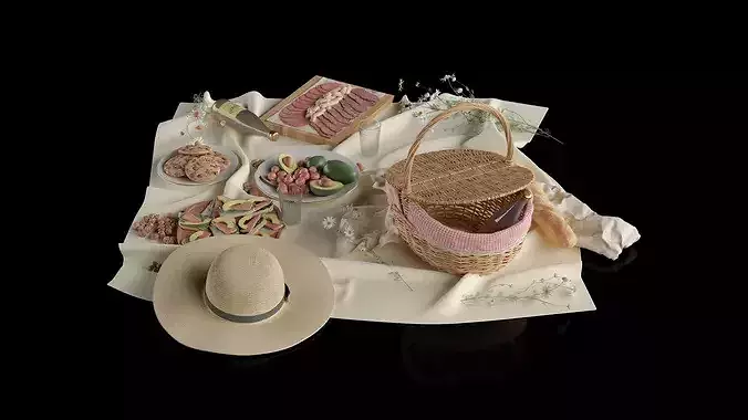 Picnic Food And Hat 3D model 3