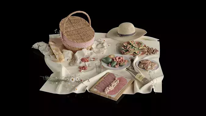 Picnic Food And Hat 3D model 7