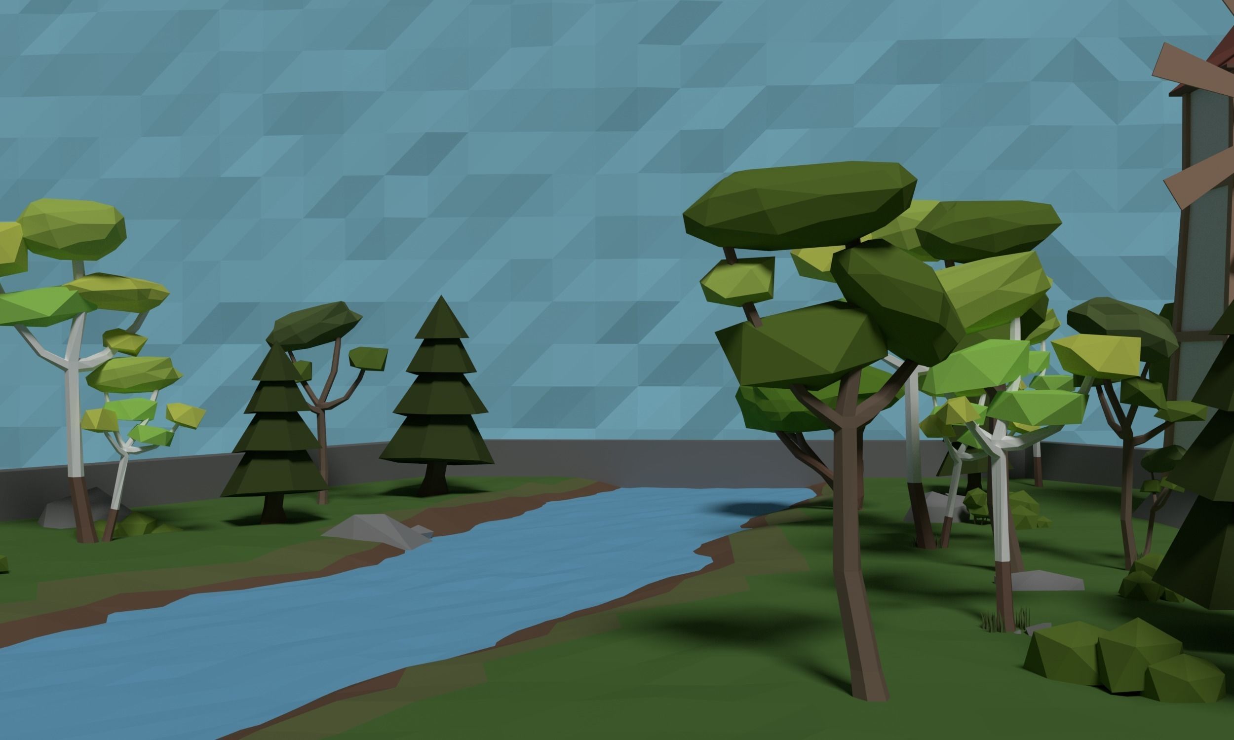 LowPoly Windmill in a forest Scene Low-poly 3D model_7