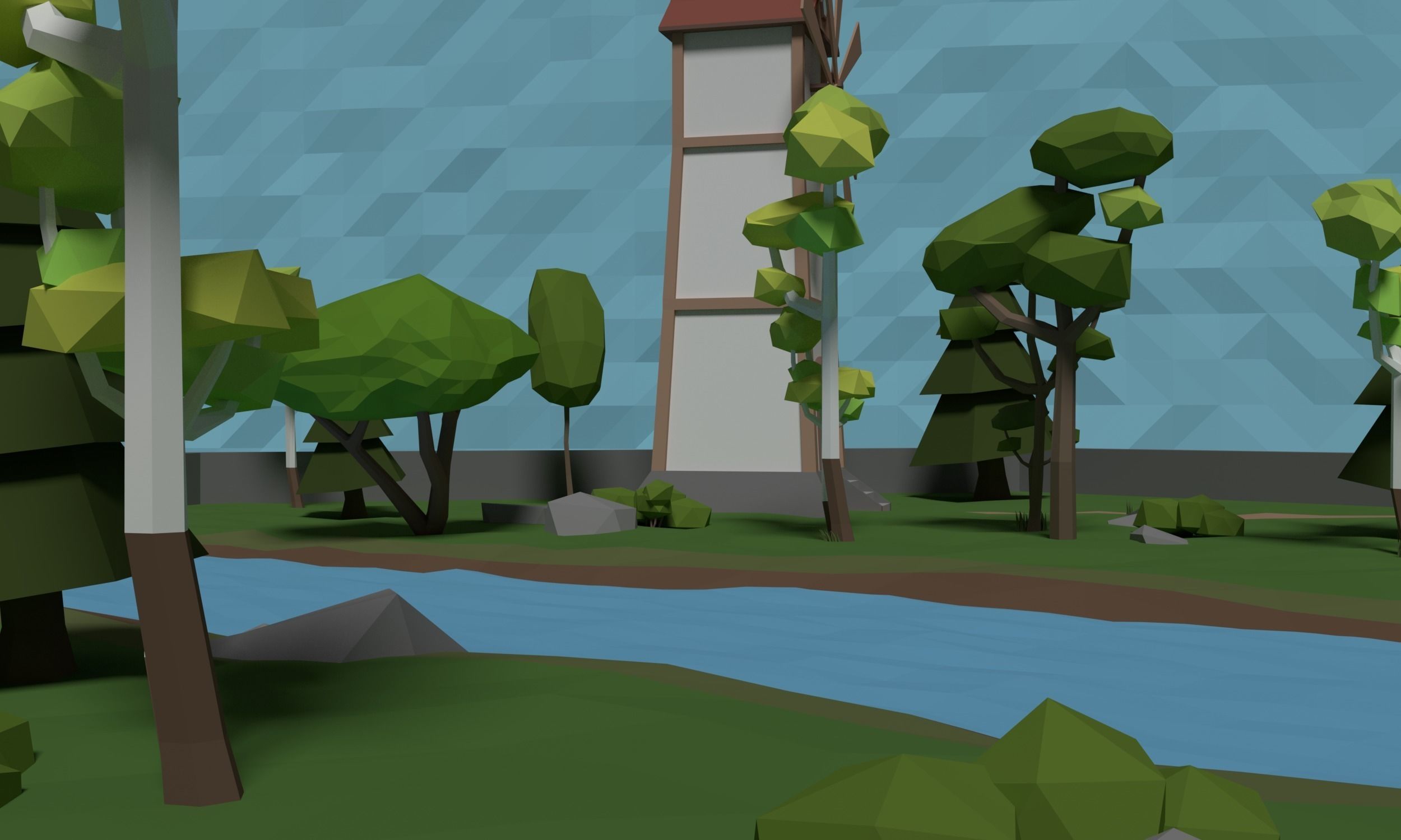 LowPoly Windmill in a forest Scene Low-poly 3D model_4