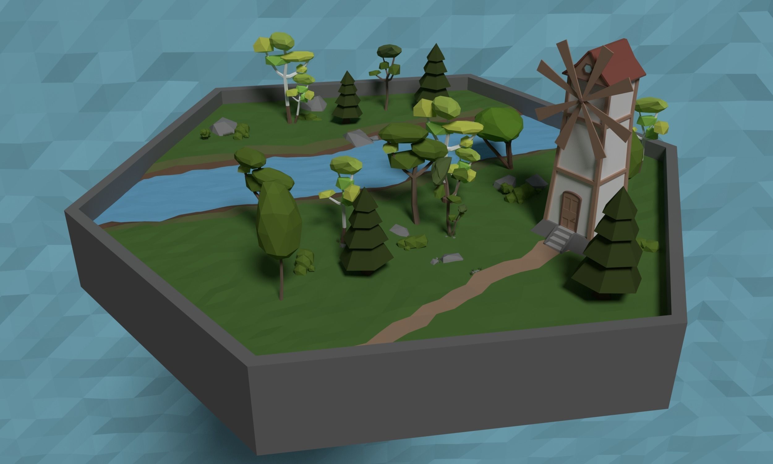 LowPoly Windmill in a forest Scene Low-poly 3D model_0