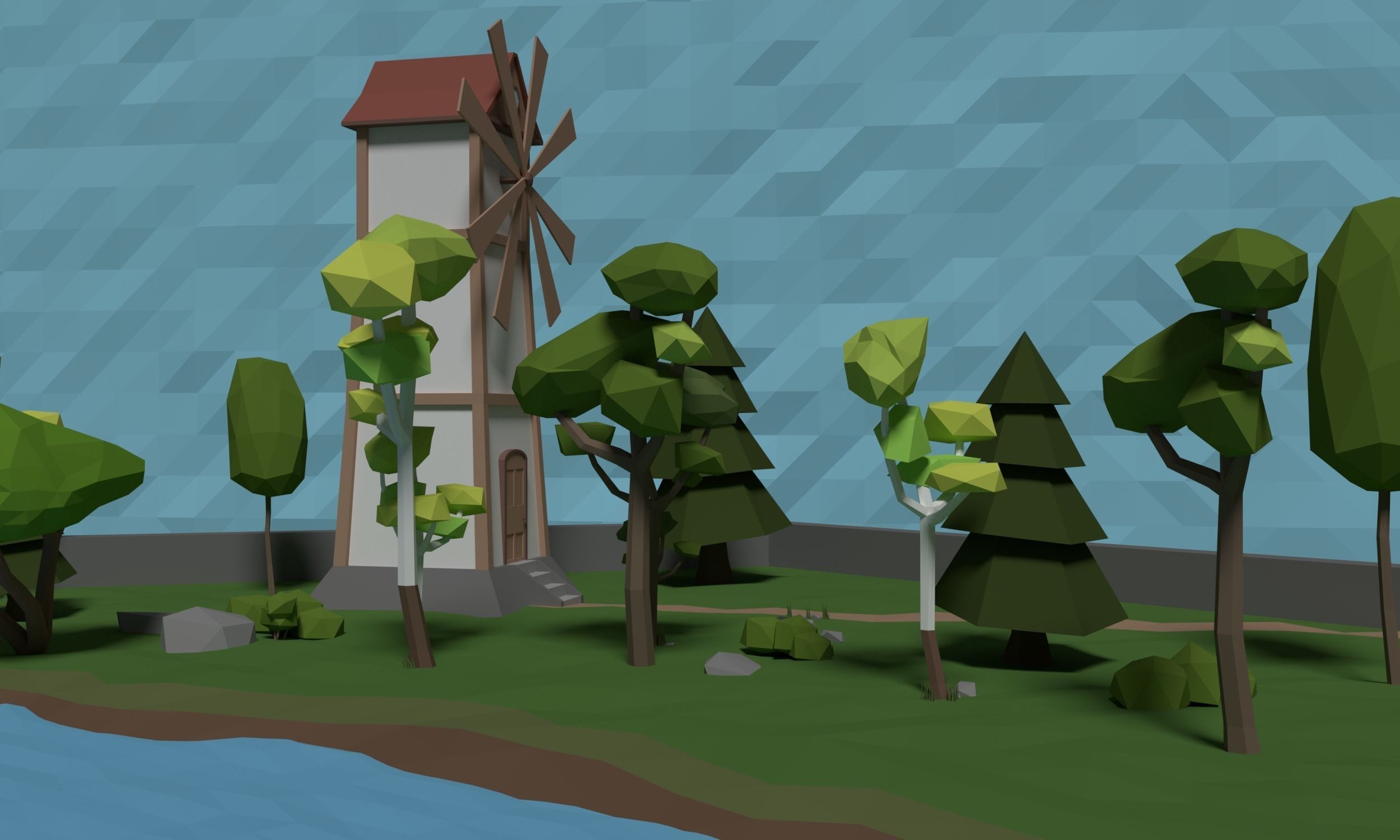 LowPoly Windmill in a forest Scene Low-poly 3D model_3