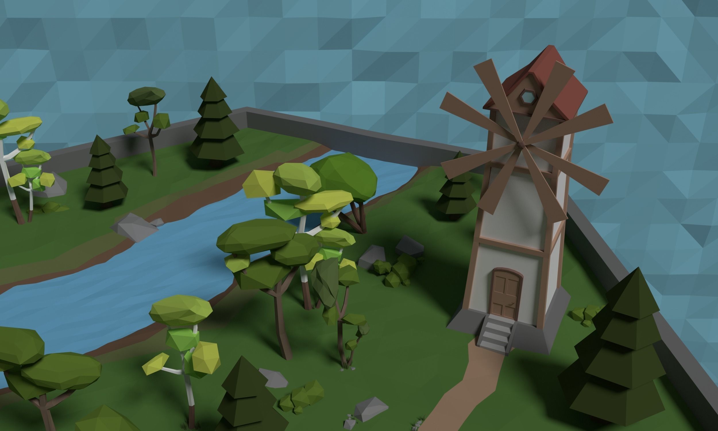 LowPoly Windmill in a forest Scene Low-poly 3D model_1