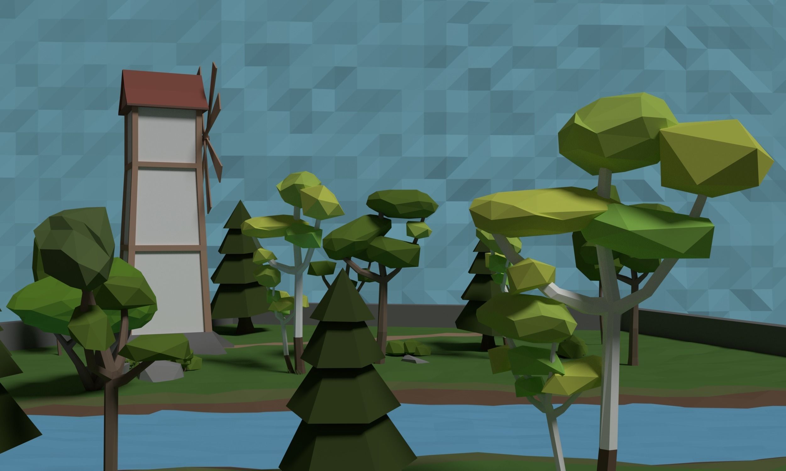 LowPoly Windmill in a forest Scene Low-poly 3D model_5