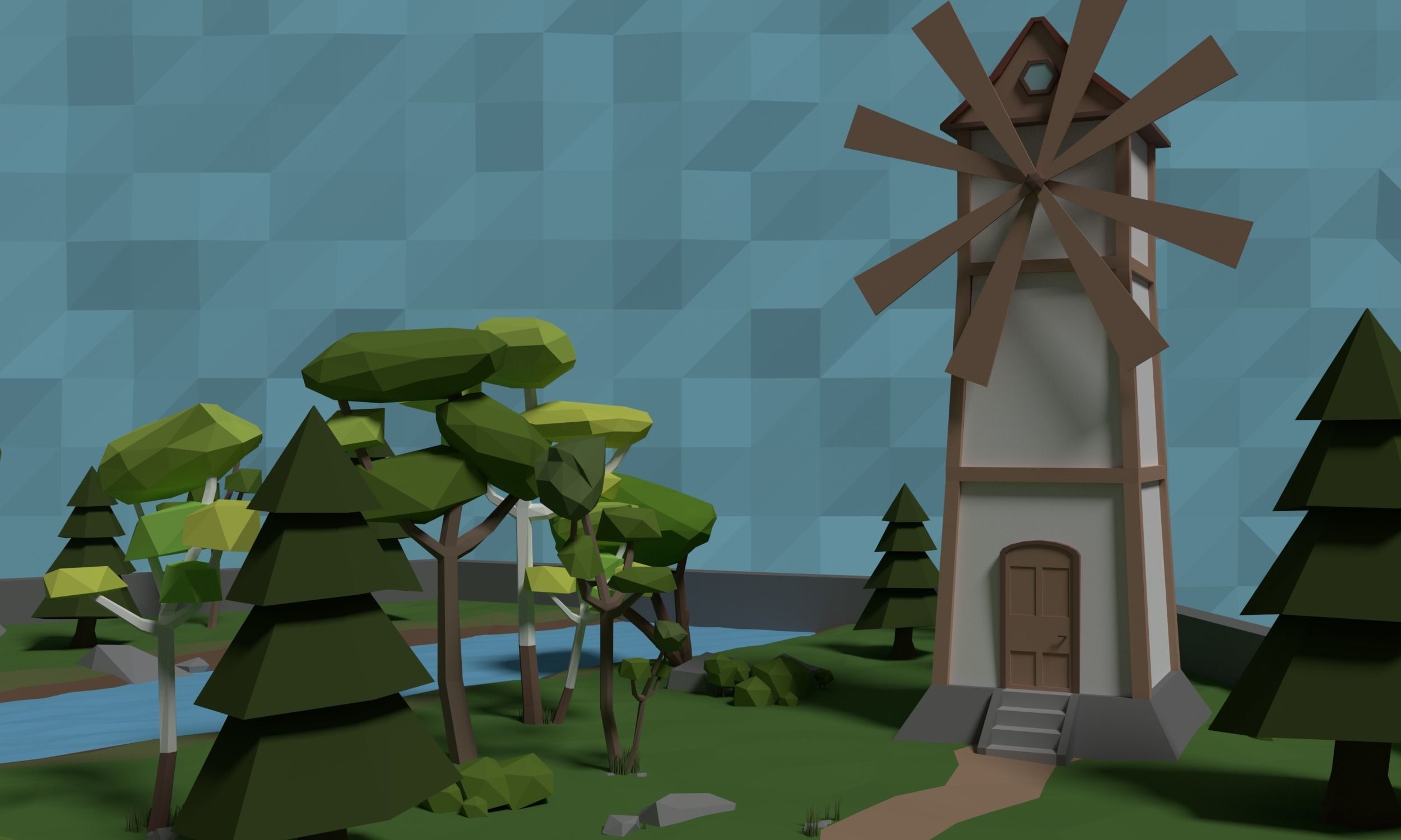 LowPoly Windmill in a forest Scene Low-poly 3D model_2