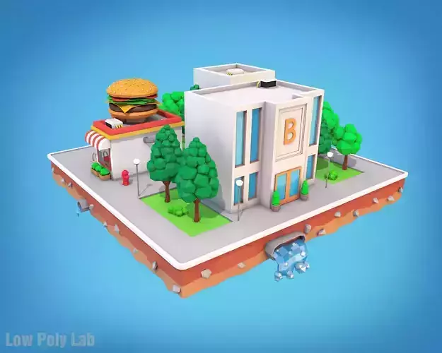 Cartoon City Block Burger Cafe Bank