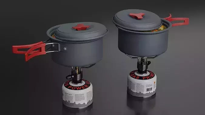 Hiking Soup Pot Red Handle Gas Stove Setup 3D model 5