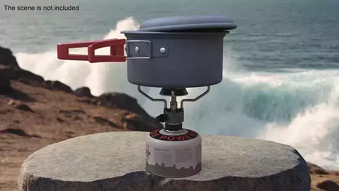 Hiking Soup Pot Red Handle Gas Stove Setup 3D model 4