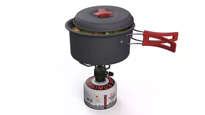 Hiking Soup Pot Red Handle Gas Stove Setup 3D model