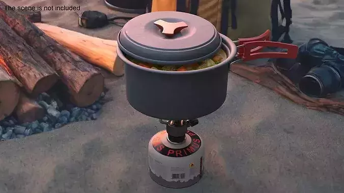 Hiking Soup Pot Red Handle Gas Stove Setup 3D model 3
