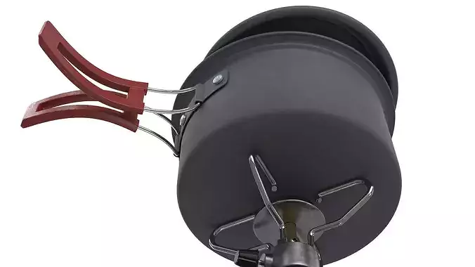 Hiking Soup Pot Red Handle Gas Stove Setup 3D model 7