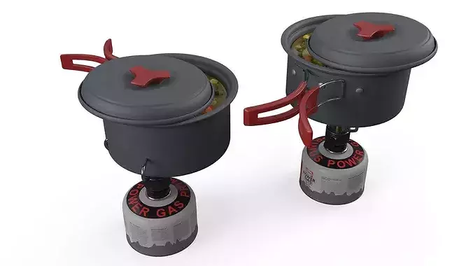 Hiking Soup Pot Red Handle Gas Stove Setup 3D model 6