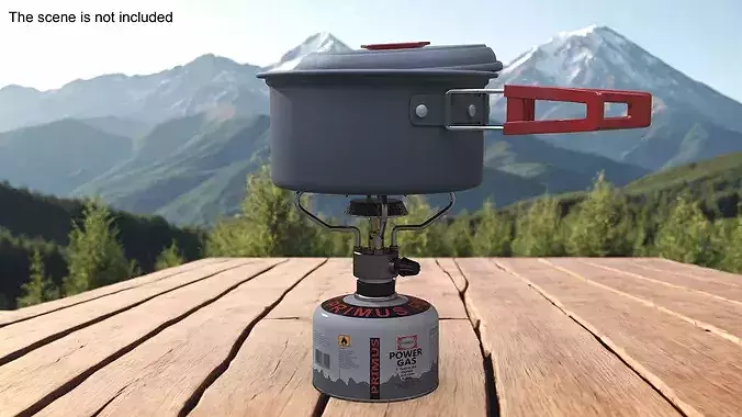Hiking Soup Pot Red Handle Gas Stove Setup 3D model 2