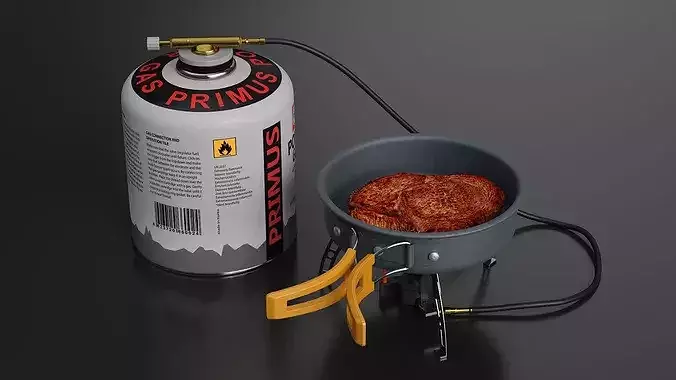 Camping Frying Pan with Steak on Gas Burner 3D model 5