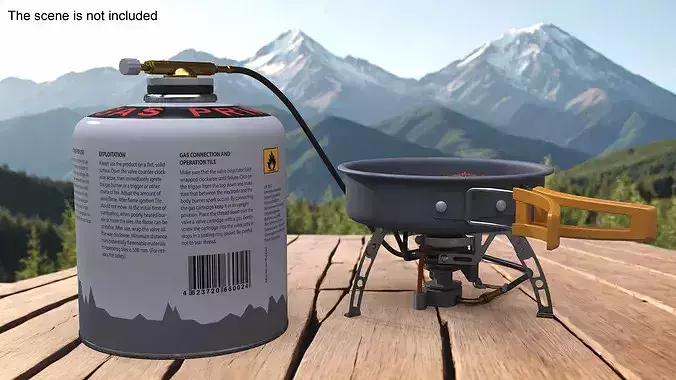 Camping Frying Pan with Steak on Gas Burner 3D model 2