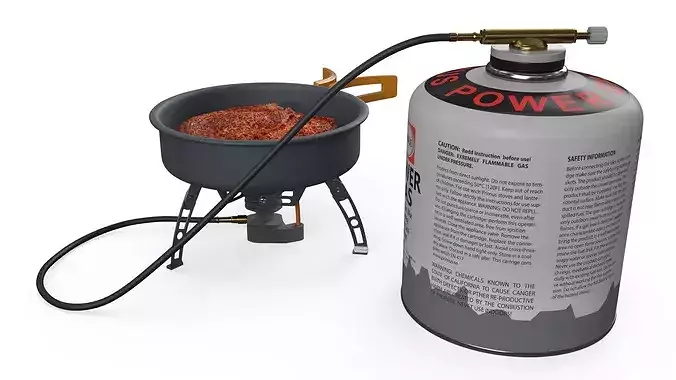 Camping Frying Pan with Steak on Gas Burner 3D model 6