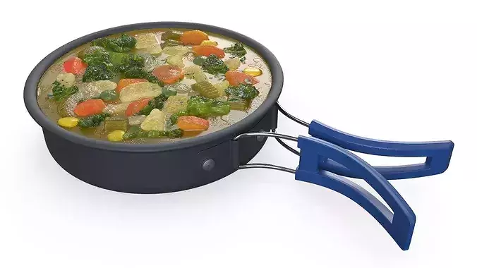 Camping Cooking Pot Blue Handle Vegetable Soup 3D model 6