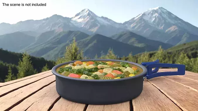 Camping Cooking Pot Blue Handle Vegetable Soup 3D model 2