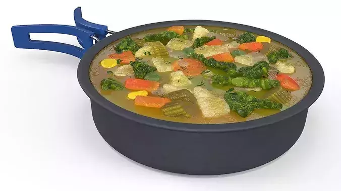 Camping Cooking Pot Blue Handle Vegetable Soup 3D model