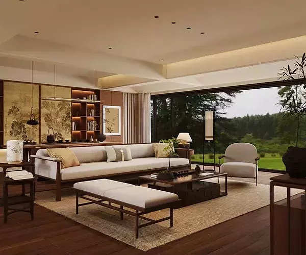 Chinese style living and dining room  3D model 3