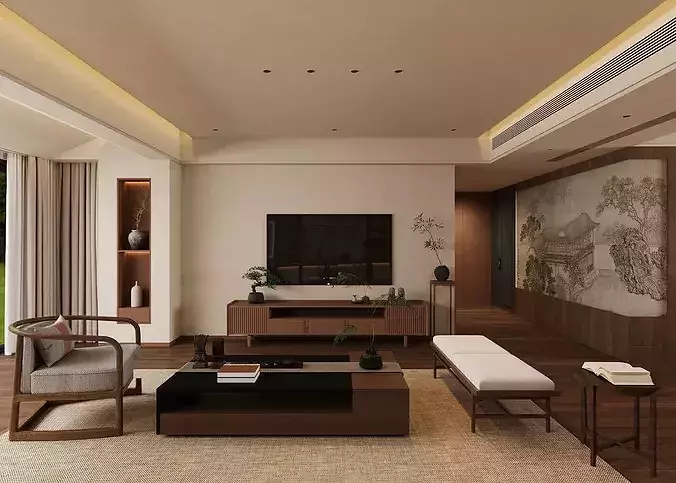 Chinese style living and dining room  3D model 2