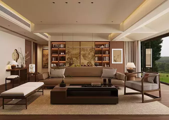Chinese style living and dining room 3D model