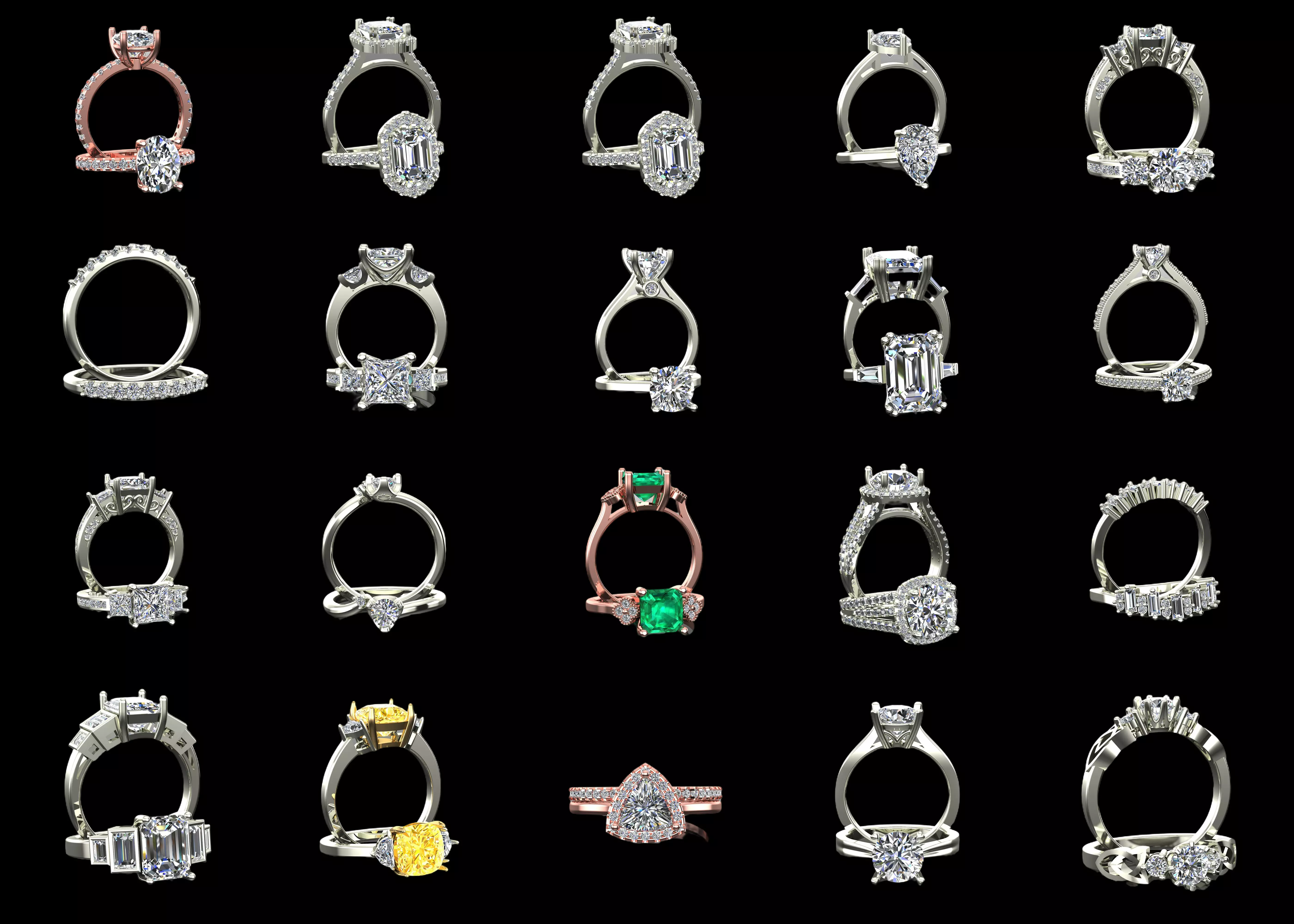 20 Premium Engagement Ring CAD Models Bundle STL and 3DM Pack 3D print model