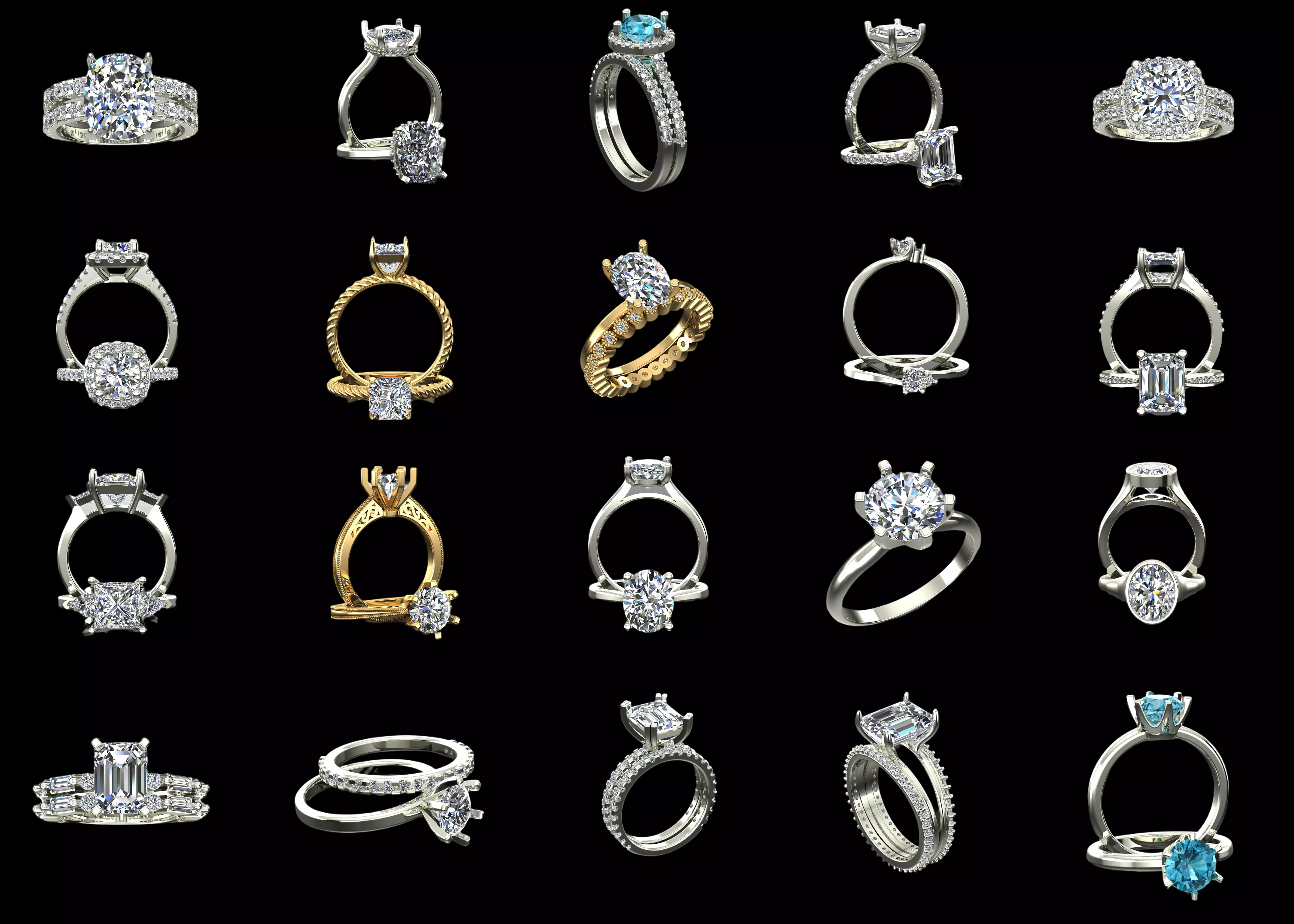 20 Elegant Engagement Ring CAD Models Bundle STL and 3DM Pack 3D print model