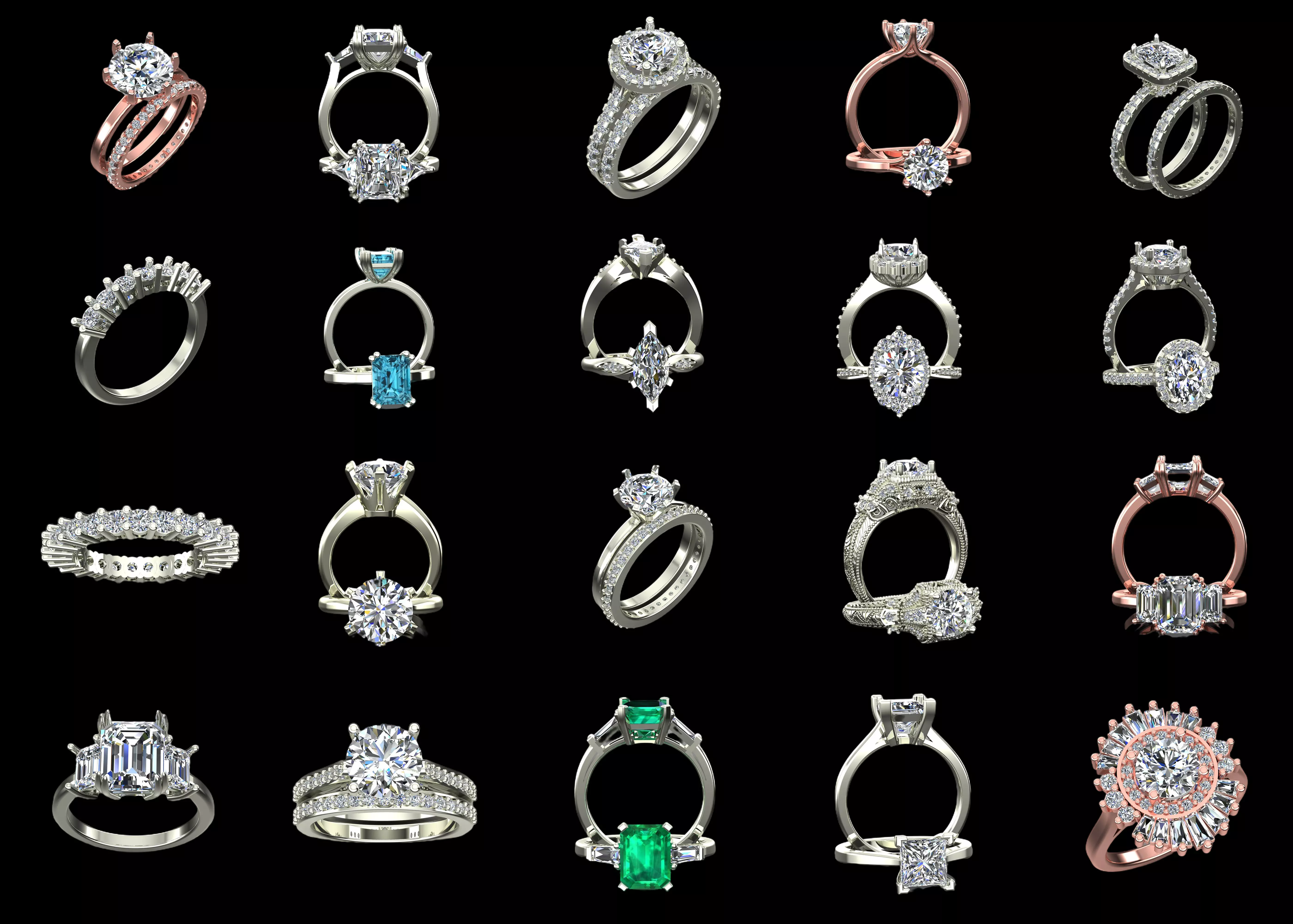 20 Luxury Bridal Ring CAD Models Bundle STL and 3DM Collection 3D print model