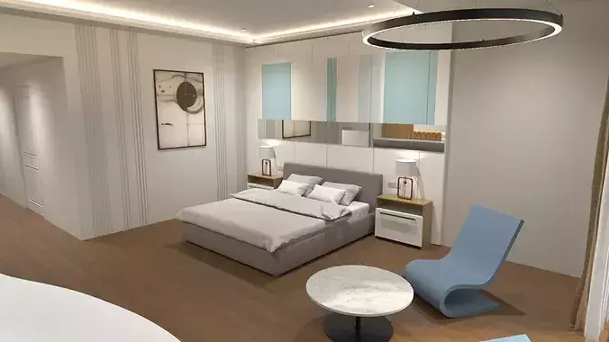 Modern Hotel Room with Bathroom 3D model