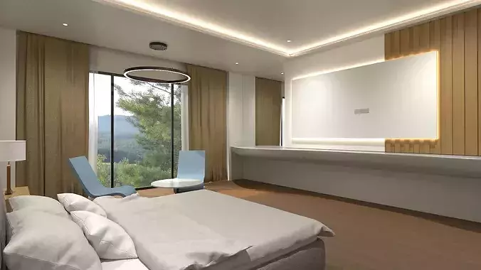 Modern Hotel Room with Bathroom 3D model 7