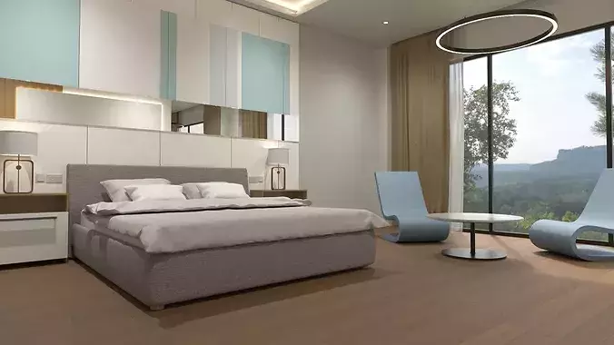 Modern Hotel Room with Bathroom 3D model 2