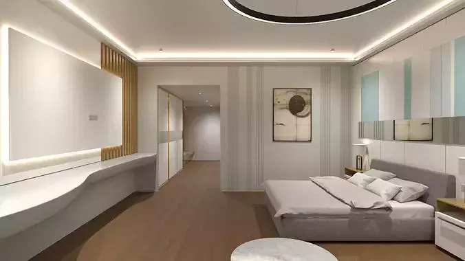 Modern Hotel Room with Bathroom 3D model 3