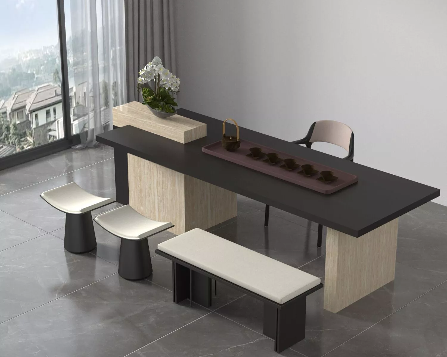 Tea Dining Meeting Table Set Wooden Interior Furniture Scene 3D model