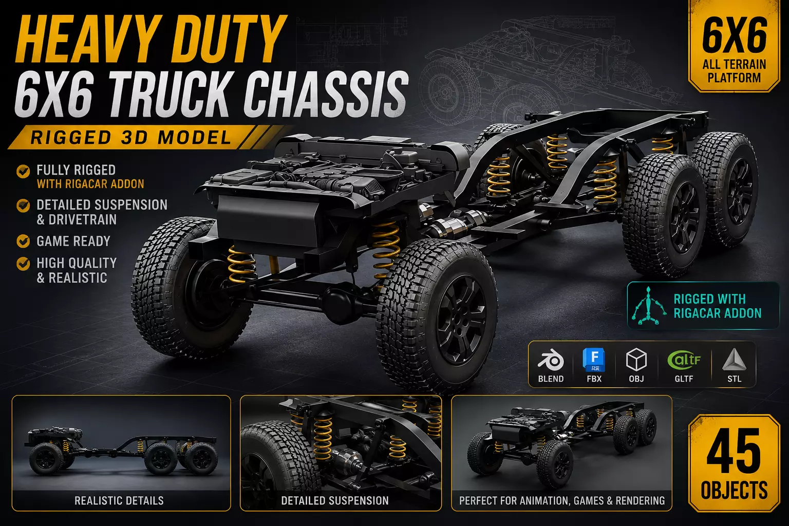 Heavy Duty 6x6 Truck Chassis Frame Rigged 3D Model Low-poly 3D model